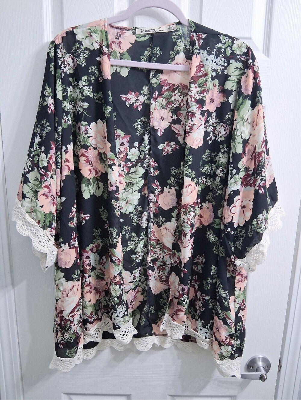 Liberty Love Kimono Cover Up Lace Crochet Hem Pink Floral 2x